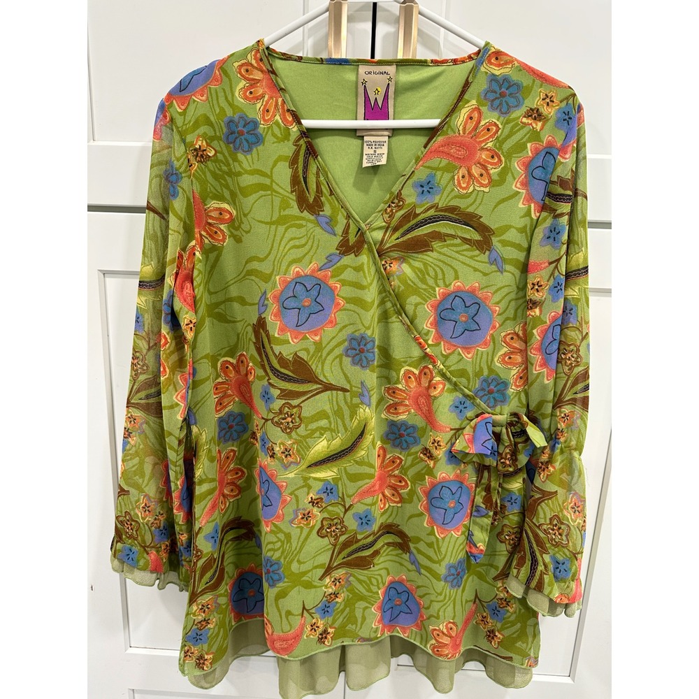 Anthony Original Green Floral Paisley Wrap Top Long Sleeve Boho Blouse Small